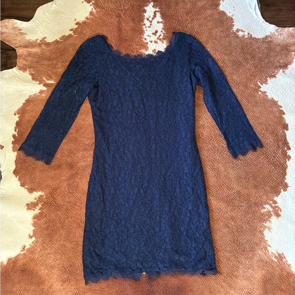 Diane Von Furstenberg Navy Lace Long Sleeve Dress